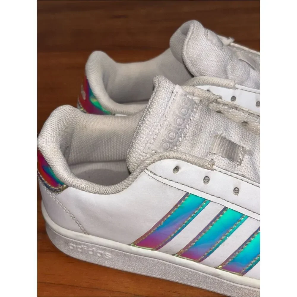 Adidas Kids White Sneakers with Iridescent Stripes size 2